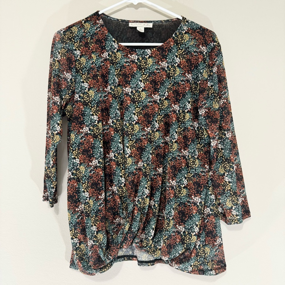 Emaline Petites Sinched Hem Floral Long-sleeve Blouse Size PL